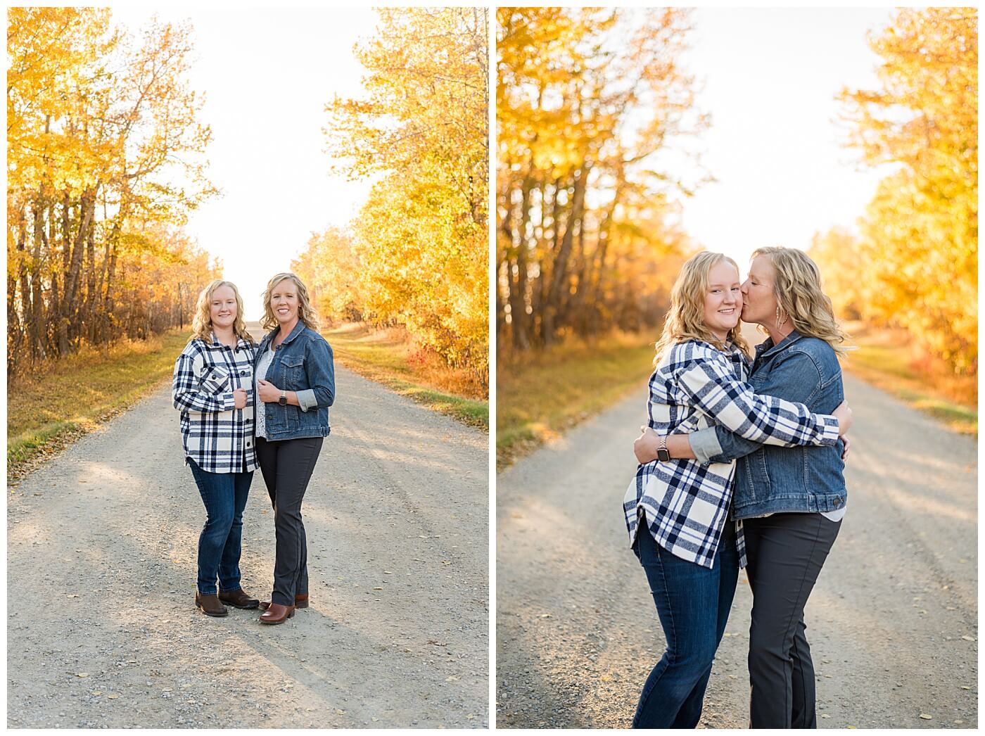 fall dirt road, mother and daughter